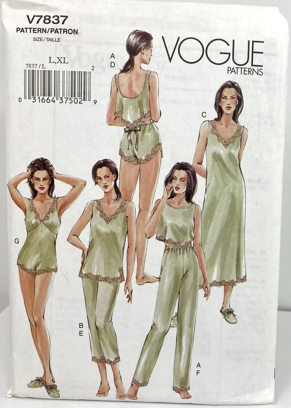 Vogue V7837 Camisole, Shorts, Teddy, Top, Gown, Pants & Slippers Sz L-XL UNCUT